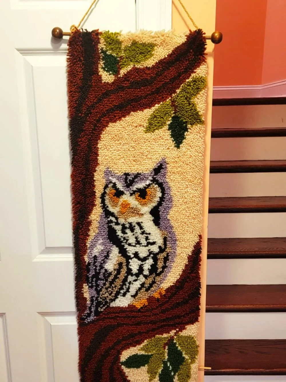 1970s Retro Big Gray Owl Resting on a Tree Hand Made Hook & Latch Wall Hanging